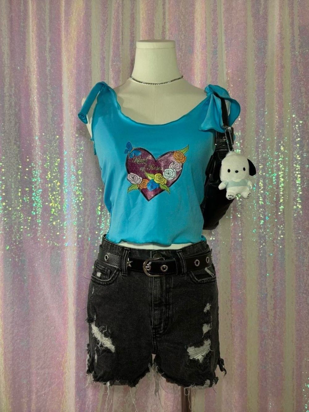 Mania Urbana Blue Glitter Graphic Tank Top with Bow Straps ★彡